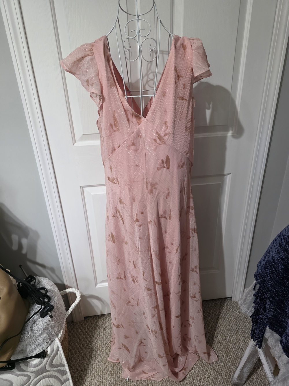 Calvin Klein Pink V-Neck Flutter-Sleeve Maxi Dress - Picture 5 of 6